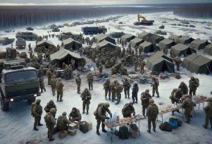 A high-definition, realistic depiction of an international military support scene. There are troops, unidentified by nationality, engaged in disaster relief efforts in a Russian landscape. They are busily setting up tents, distributing food, and assisting residents. The troops are dressed in camouflage uniforms, complete with protective gear and helmets, reflecting the seriousness of the situation. The background reveals the vast Siberian wilderness, a mix of snow-covered fields and dense forests. One can also notice a few heavy machinery for clearing debris, amidst the bustle of the relief camp.