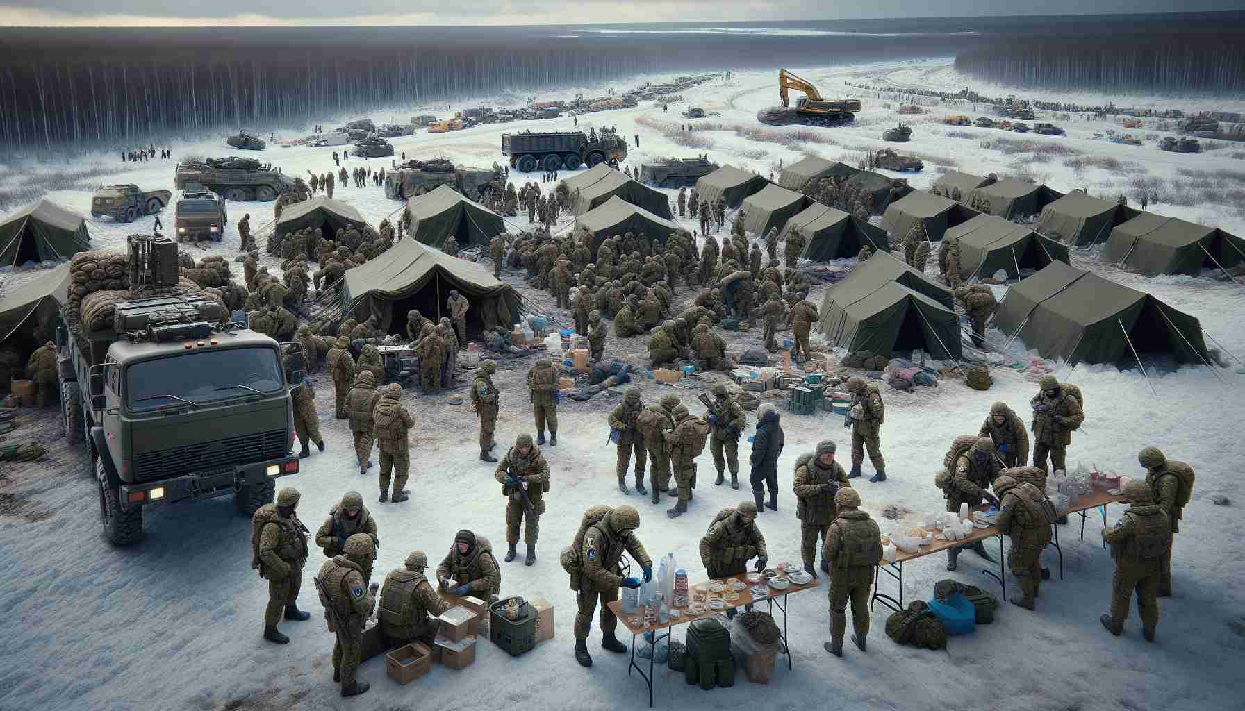 A high-definition, realistic depiction of an international military support scene. There are troops, unidentified by nationality, engaged in disaster relief efforts in a Russian landscape. They are busily setting up tents, distributing food, and assisting residents. The troops are dressed in camouflage uniforms, complete with protective gear and helmets, reflecting the seriousness of the situation. The background reveals the vast Siberian wilderness, a mix of snow-covered fields and dense forests. One can also notice a few heavy machinery for clearing debris, amidst the bustle of the relief camp.