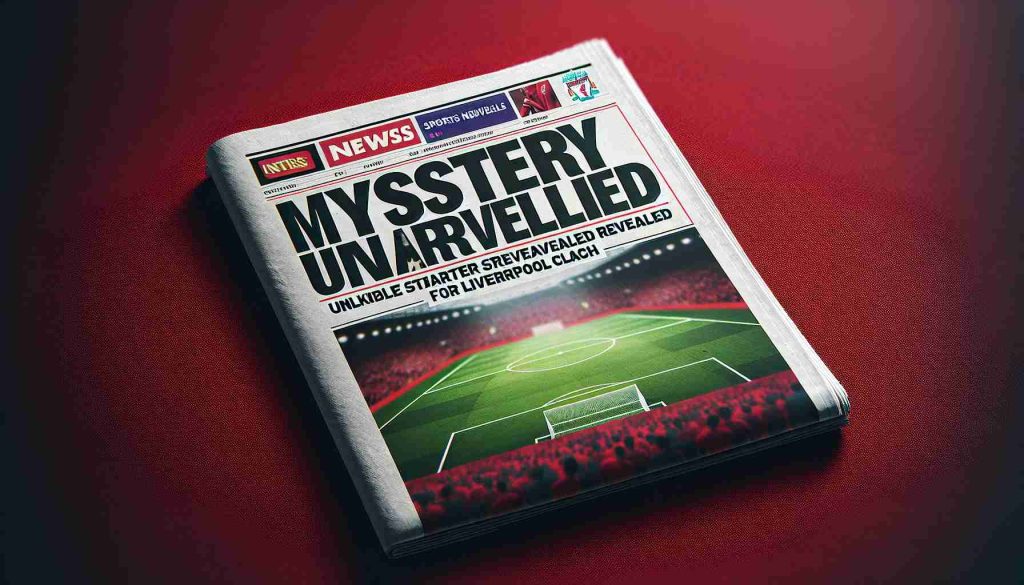 Generate a realistic high-definition image of a sports article headline that reads: 'Mystery Unraveled: Unlikely Starter Revealed for Liverpool Clash.' The headline is bold and captivating, prominently featured on a newspaper or digital sports news site. The background comprises a blurred soccer field, hints of Liverpool's iconic red color subtly infused into the design, and the anticipation of an upcoming clash perceptible in the atmosphere.