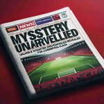 Generate a realistic high-definition image of a sports article headline that reads: 'Mystery Unraveled: Unlikely Starter Revealed for Liverpool Clash.' The headline is bold and captivating, prominently featured on a newspaper or digital sports news site. The background comprises a blurred soccer field, hints of Liverpool's iconic red color subtly infused into the design, and the anticipation of an upcoming clash perceptible in the atmosphere.