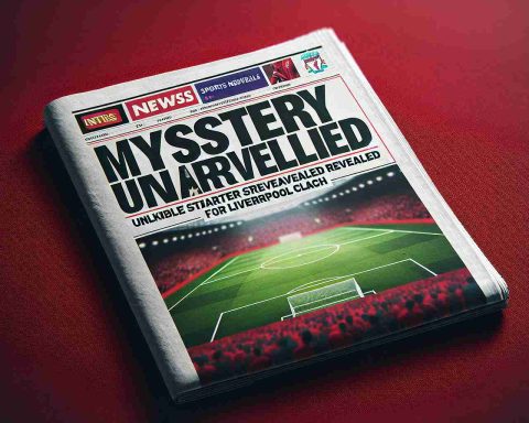 Generate a realistic high-definition image of a sports article headline that reads: 'Mystery Unraveled: Unlikely Starter Revealed for Liverpool Clash.' The headline is bold and captivating, prominently featured on a newspaper or digital sports news site. The background comprises a blurred soccer field, hints of Liverpool's iconic red color subtly infused into the design, and the anticipation of an upcoming clash perceptible in the atmosphere.