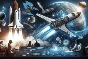 Create a realistic, high definition image representing the growing innovation in space exploration. Showcase several elements conveying this theme: a space shuttle ascending into the sky adorned with advanced technology; a satellite orbiting around a far-off planet, and intriguing blueprints for futuristic designs possibly spread out on a table. Also convey humans interactively involved in the process, such as a Caucasian female scientist analyzing data and a Black male engineer working on a spacecraft model.