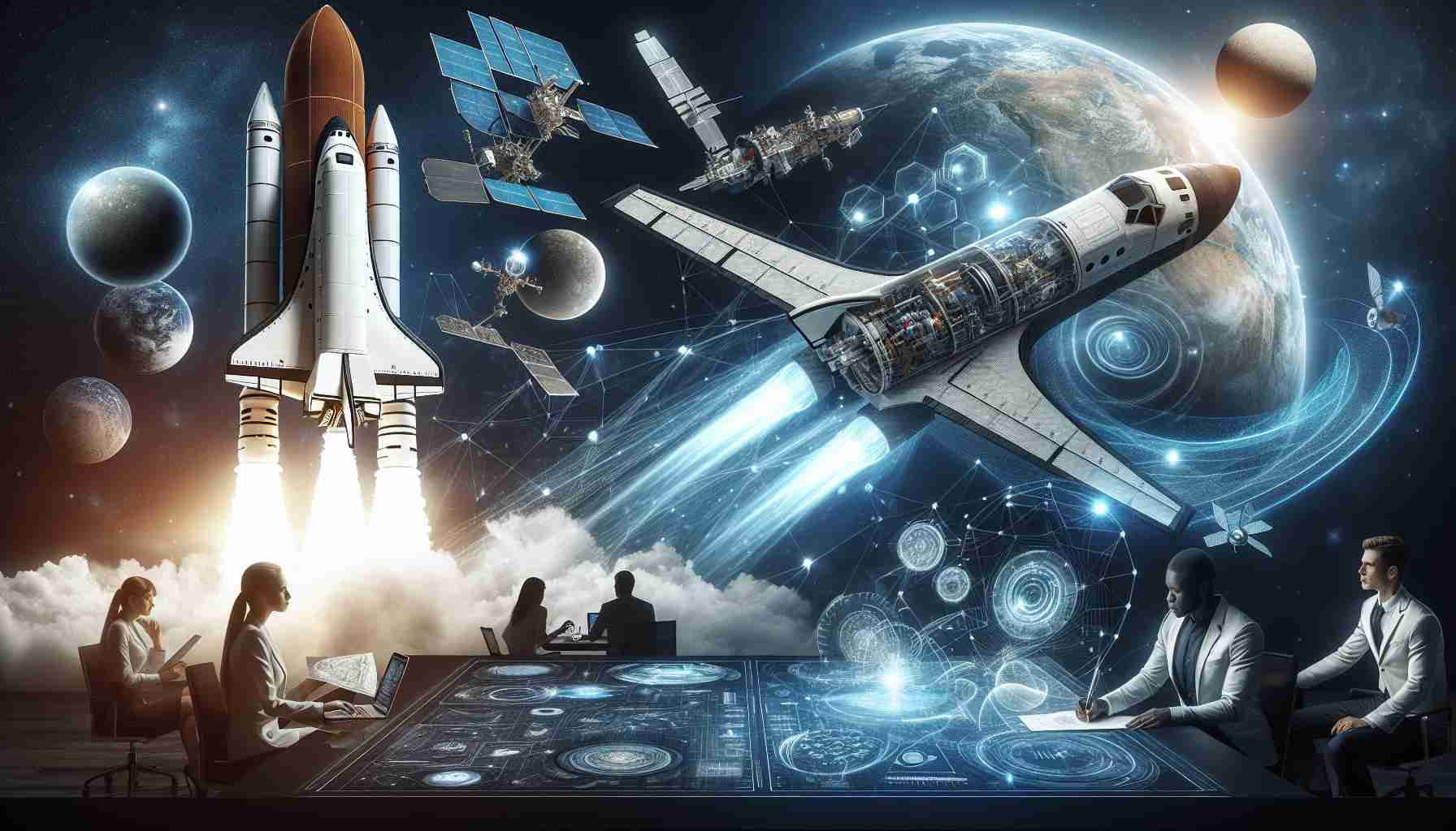 Create a realistic, high definition image representing the growing innovation in space exploration. Showcase several elements conveying this theme: a space shuttle ascending into the sky adorned with advanced technology; a satellite orbiting around a far-off planet, and intriguing blueprints for futuristic designs possibly spread out on a table. Also convey humans interactively involved in the process, such as a Caucasian female scientist analyzing data and a Black male engineer working on a spacecraft model.