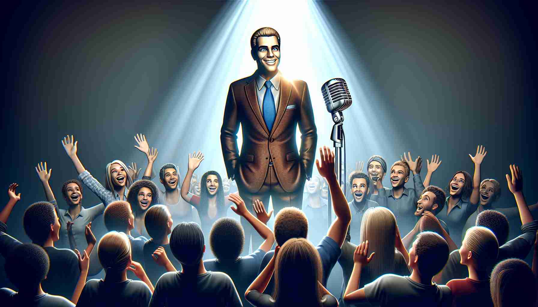 A realistic image in high definition depicting an unidentifiable but charismatic celebrity guest surprising a lively audience on a popular podcast. The celebrity guest could be characterized by an elegant suit, a brilliant smile, and a captivating aura, while the amazed audience is eagerly listening and cheering.