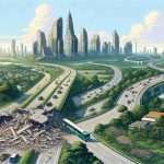 Illustration of a hypothetical scenario in which the infrastructures of a generic East Asian country are being destroyed due to rising geopolitical tensions. The image should capture roads being demolished against the backdrop of the country's natural landscape, perhaps featuring a mix of cityscape with towering structures and rural expanses with lush greenery