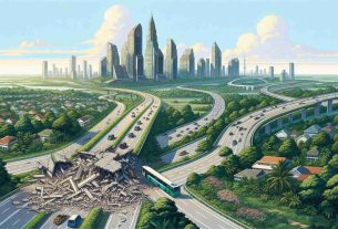 Illustration of a hypothetical scenario in which the infrastructures of a generic East Asian country are being destroyed due to rising geopolitical tensions. The image should capture roads being demolished against the backdrop of the country's natural landscape, perhaps featuring a mix of cityscape with towering structures and rural expanses with lush greenery