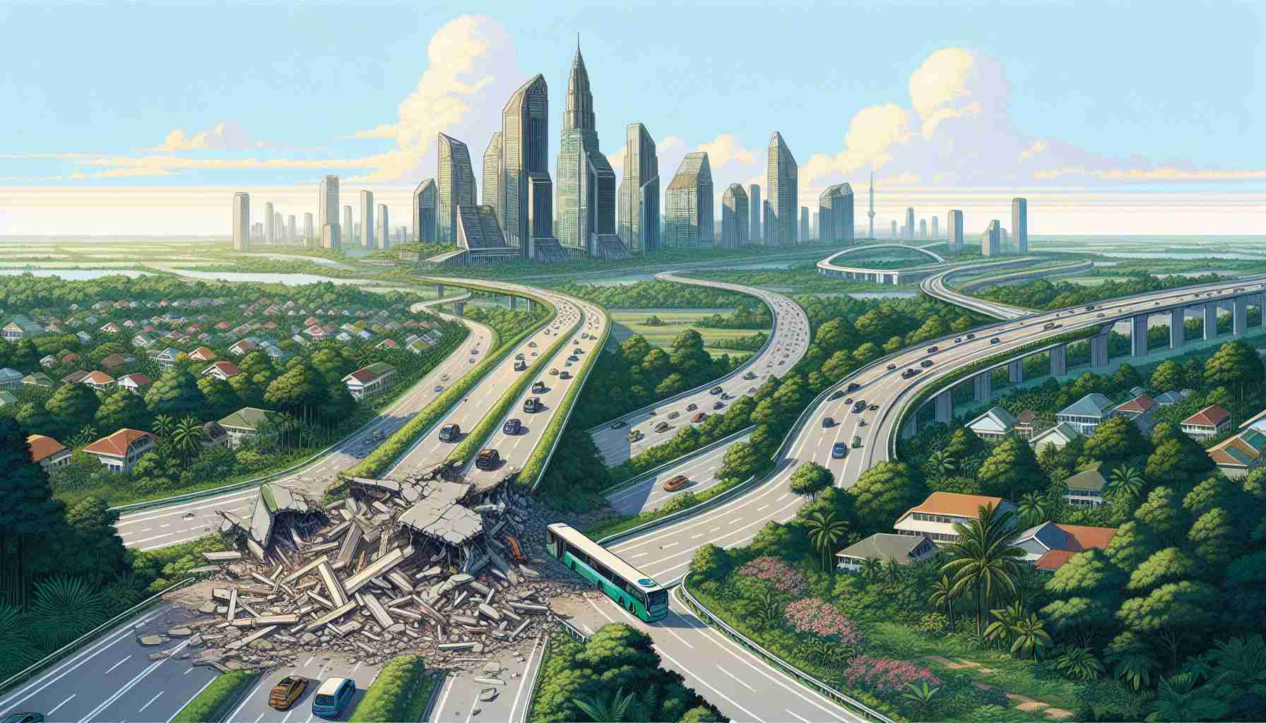 Illustration of a hypothetical scenario in which the infrastructures of a generic East Asian country are being destroyed due to rising geopolitical tensions. The image should capture roads being demolished against the backdrop of the country's natural landscape, perhaps featuring a mix of cityscape with towering structures and rural expanses with lush greenery