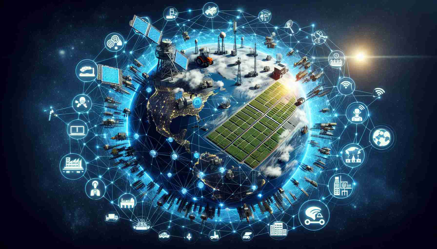 Generate an image depicting a high-definition, realistic view of Satellite Internet of Things (IoT) technology revolutionizing various global industries. The illustration should represent satellites in space providing IoT connectivity around the Earth, demonstrating its impact on multiple sectors such as industrial automation, agriculture, healthcare, and transportation. Include symbols of these industries: factories for industrial automation, fields and tractors for agriculture, hospitals or medical symbols for healthcare, and perhaps vehicles or logistics symbols for transportation. Be sure to highlight the encompassing network coverage originating from the satellites.