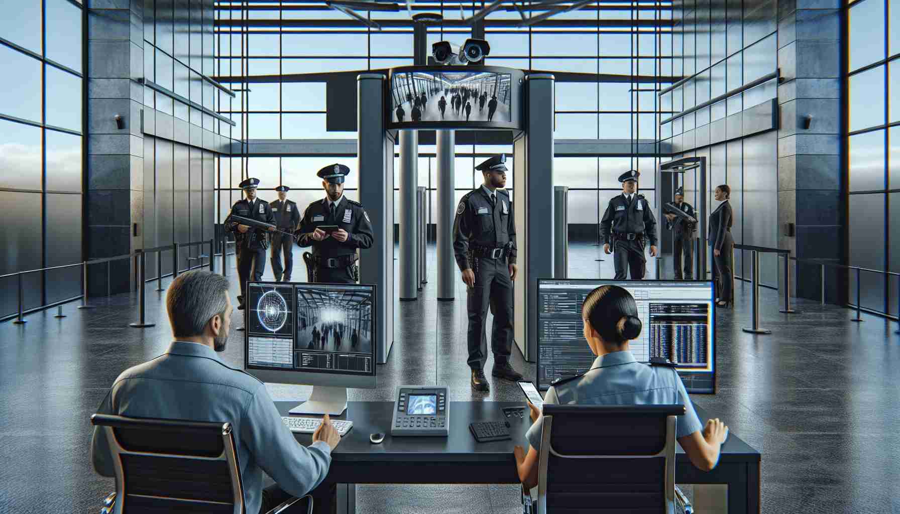 Create a realistic HD photo showcasing enhanced security measures in action. The image features a robust surveillance system bearing high-definition cameras and facial recognition technology, installed at the entrance of a modern building. Uniformed security guards, one Hispanic male and one Black female, attentively monitoring a screen displaying feeds from the surveillance cameras. An anonymous individual is seen walking through an advanced metal detector arch, while a white, woman security officer checks her handheld scanner. The area is well-lit, reflecting the seriousness of the security measures implemented.