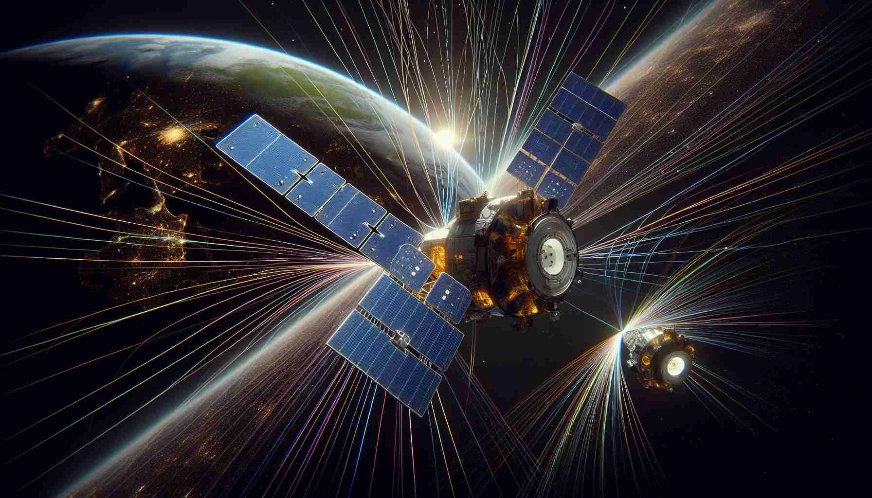 Realistic and high definition image of future communications in space, focusing on E-band Payloads. This includes satellites in the black void of space, with beams of data communication represented by vibrant lines of light. E-band Payloads, marked visibly on the satellites, can be seen receiving and transmitting these signals, revolutionizing the landscape of space communications. The Earth can be seen in the distance as a small, spherical blue and green object, providing contextual background to the space setting.