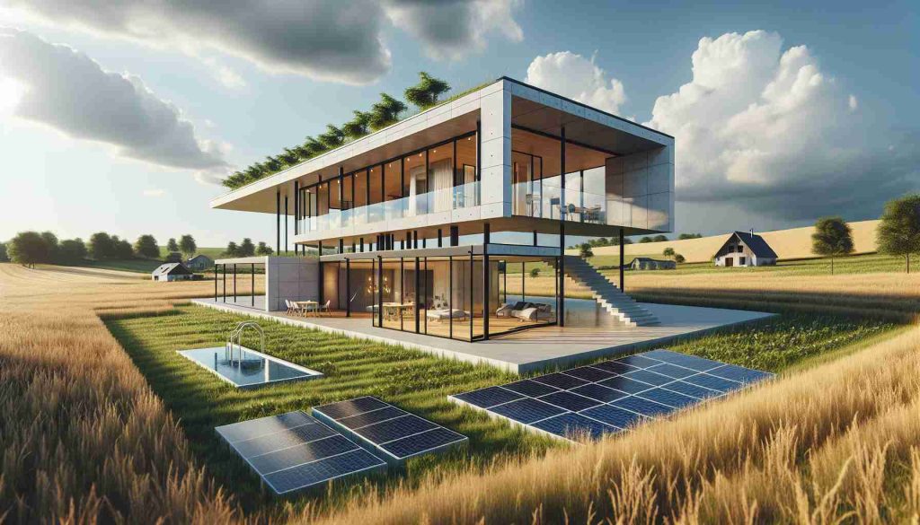 Create a high-definition, realistic image representing an innovative countryside retreat. The architecture should stand out, reflecting a modern and unique style. The scene should integrate seamlessly with its natural environment, highlighting large expanses of clean open space, possibly featuring sustainable elements like solar panels or rainwater collection systems. The picture should also capture the peaceful ambiance of the countryside, with the property sited amongst fields, meadows or hills, and under a clear or partly cloudy sky. Details like floor-to-ceiling windows, a spacious patio or balcony, and a minimalist exterior design are encouraged.