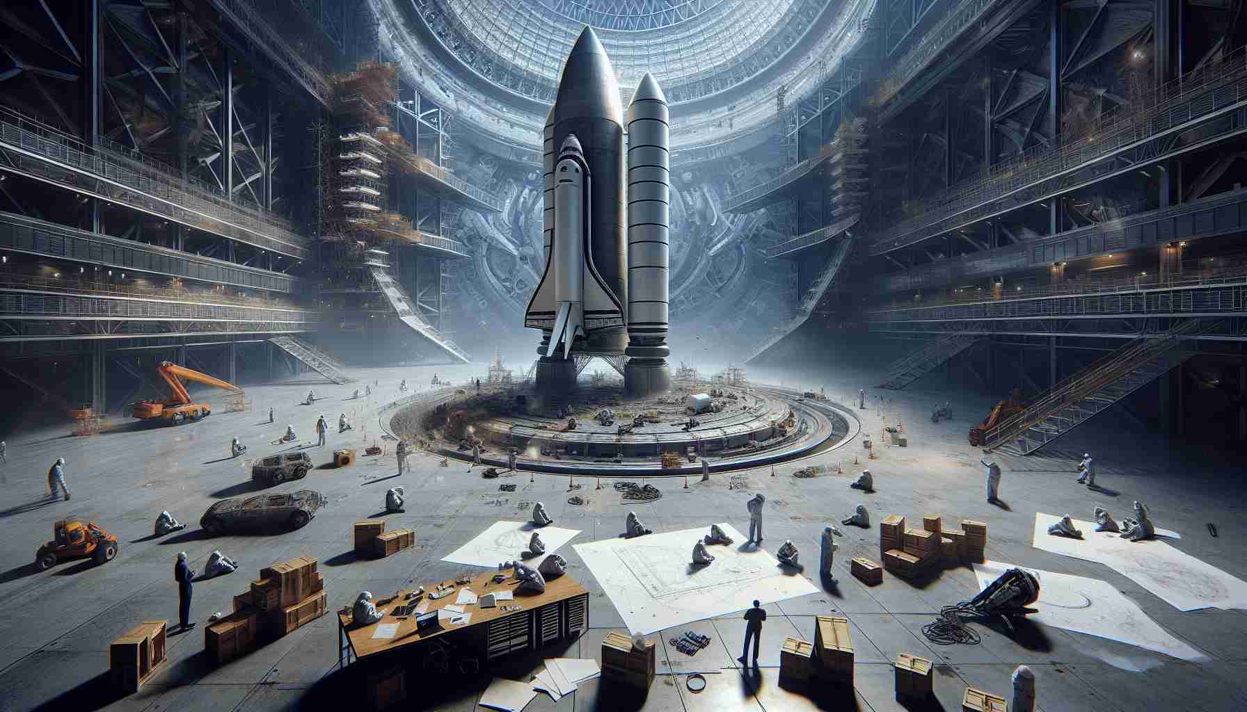 A high-definition, realistic image representative of an unexpected delay in the launching of a groundbreaking space project, dubbed 'Project Galactica', presumably initiated by a major tech corporation. The scene could illustrate tangible signs of delay like halted construction, workers in apparent confusion, possibly with blueprints and tools scattered around. The backdrop should be a sophisticated, futuristic launchpad, with a partially-built colossal spacecraft, symbolizing the grandeur and scale of the endeavor.