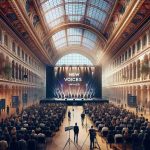 Generate a realistic, high-resolution image of a scene in Paris with a new careers revealing event titled 'New Voices Unveiled'. Visualize a large, diverse crowd gathered in a spacious, ornate hall with high ceilings. Include the city's iconic Parisian architecture in the background, visible through the open windows. Front and center, you must see a large, eye-catching stage with multiple microphones and a banner that proudly displays the words 'New Voices Unveiled'. Emphasize the atmosphere of anticipation and excitement in the room.