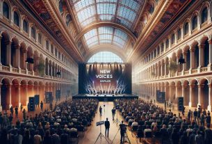 Generate a realistic, high-resolution image of a scene in Paris with a new careers revealing event titled 'New Voices Unveiled'. Visualize a large, diverse crowd gathered in a spacious, ornate hall with high ceilings. Include the city's iconic Parisian architecture in the background, visible through the open windows. Front and center, you must see a large, eye-catching stage with multiple microphones and a banner that proudly displays the words 'New Voices Unveiled'. Emphasize the atmosphere of anticipation and excitement in the room.