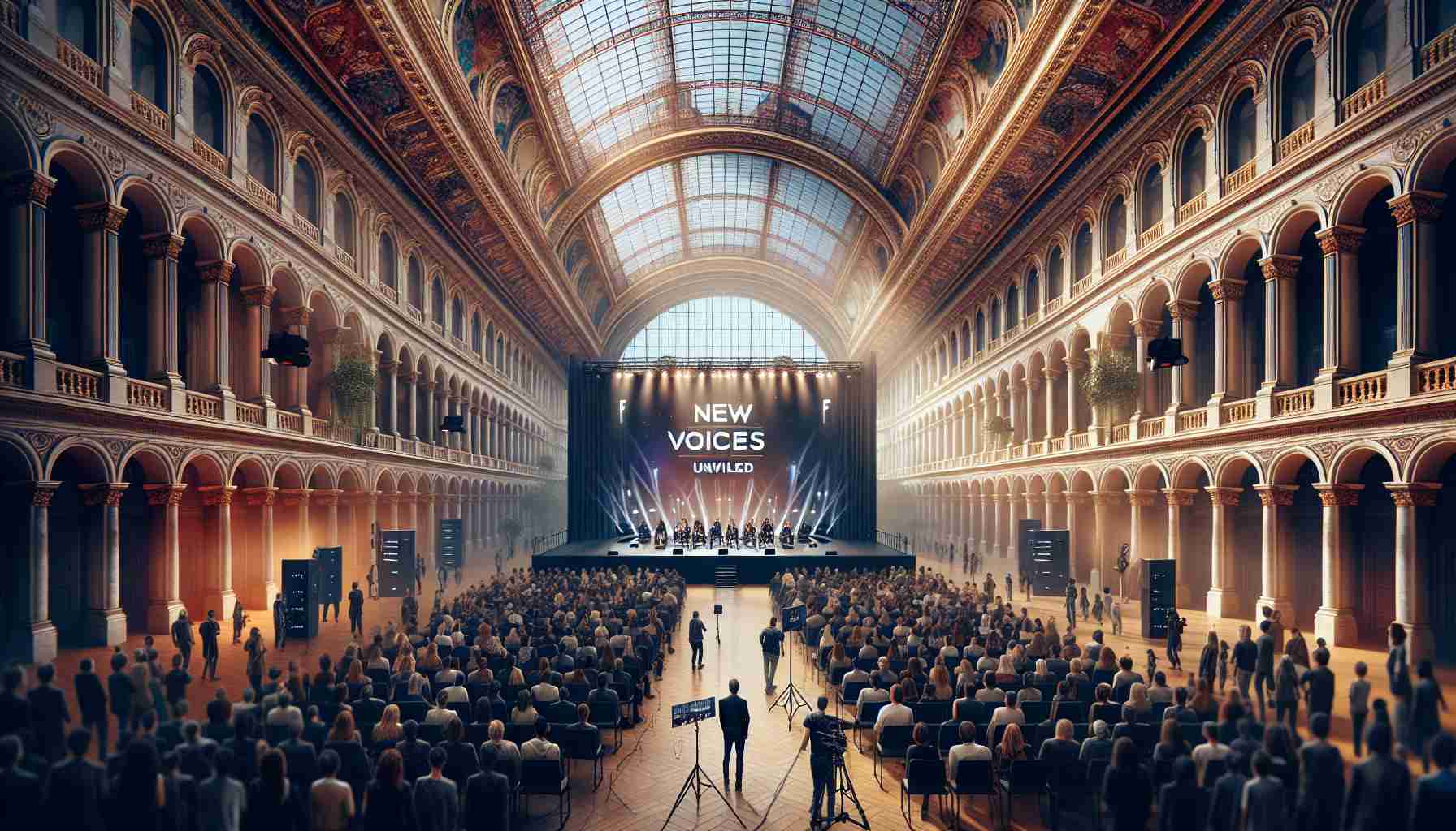 Generate a realistic, high-resolution image of a scene in Paris with a new careers revealing event titled 'New Voices Unveiled'. Visualize a large, diverse crowd gathered in a spacious, ornate hall with high ceilings. Include the city's iconic Parisian architecture in the background, visible through the open windows. Front and center, you must see a large, eye-catching stage with multiple microphones and a banner that proudly displays the words 'New Voices Unveiled'. Emphasize the atmosphere of anticipation and excitement in the room.