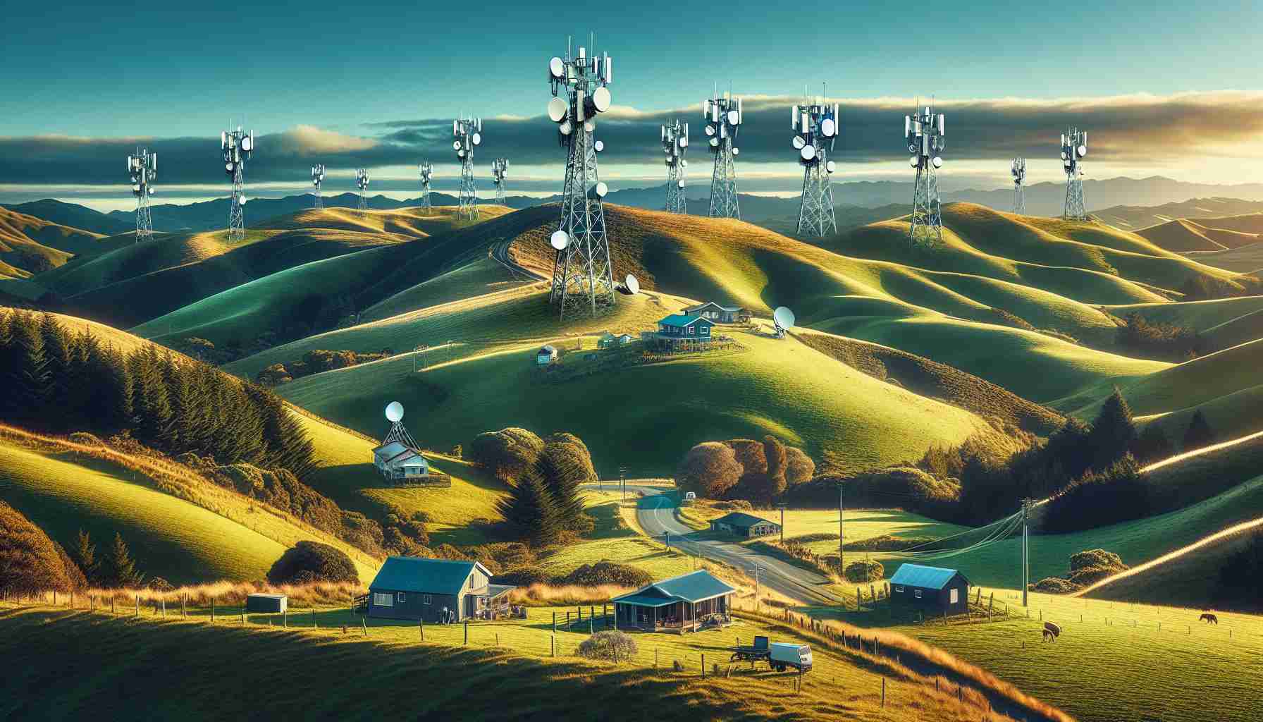 Generate a realistic and high definition image showcasing rural connectivity revolution in New Zealand. The image must detail a picturesque rural landscape with lush green hills typically seen in New Zealand, with some tangible aspects of modern connectivity. These can include elements such as wireless communication towers, dispersed homes with satellite dishes, and locals using digital devices outdoors like laptops, smartphones. Contrast the old with the new, emphasizing how modern technology has permeated even the most remote areas.