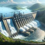 Generate a high-definition, realistic image depicting the grandeur of renewable energy production at a large-scale hydroelectric dam, similar in proportions to the Grand Ethiopian Renaissance Dam. The scene should represent a modern powerhouse, with water cascading down the spillways and giant turbines in motion, generating clean, renewable energy. Surroundings should be vibrant with lush green landscapes and a bright, sunny sky.