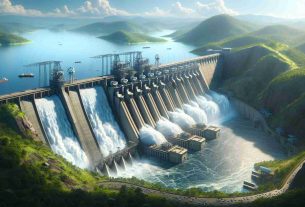 Generate a high-definition, realistic image depicting the grandeur of renewable energy production at a large-scale hydroelectric dam, similar in proportions to the Grand Ethiopian Renaissance Dam. The scene should represent a modern powerhouse, with water cascading down the spillways and giant turbines in motion, generating clean, renewable energy. Surroundings should be vibrant with lush green landscapes and a bright, sunny sky.