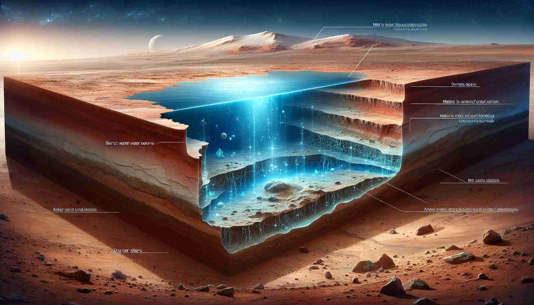 A realistic, high-definition image showing the potential mysteries of Mars' underground water reserves. Picture a Martian landscape with a cut-away view disclosing secret water reserves deep beneath. The surface of Mars is barren, dusty, and cracked. Below the crust, envision layers of rock and soil transitioning into a vast, hidden aquifer, depicted with sparkling clear water. Also, consider signs of ancient water flow patterns, dry river valleys, and sub-surface ice deposits. Artists and scientists have hypothesized the existence of such water deposits, and this is an attempt to visually undertake such a mysterious possibility.