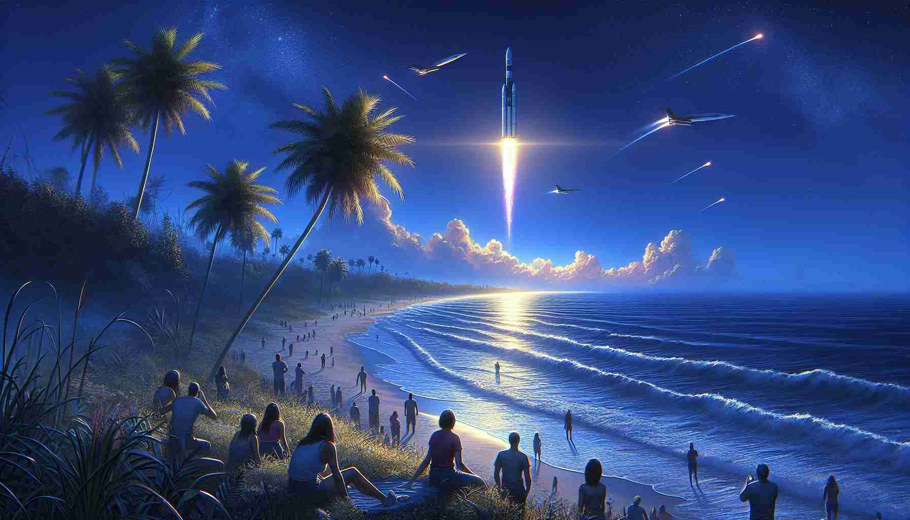 An ultra high definition, lifelike image showing some of the best locations in Florida for observing spacecraft launches. It might feature coastal areas with clear, unobstructed views of the sky. Hints of tropical vegetation might border the scenes, perhaps with palm trees silhouetted against an indigo sky lit up by a rocket launch. Onlookers of various descents and genders might be included, expressing every human emotion from excitement to awe as they witness the spectacle.