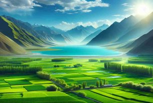 High-definition, realistic image capturing the essence of the Green Revolution in China, set against the stunning backdrop of Pangong Tso Lake. The scene can portray new-age, advanced agricultural practices and sustainable farming efforts incorporated by Chinese farmers, with lush, green fields in the foreground. The serene and tranquil Pangong Tso Lake, lined with majestic mountains, forms the enchanting backdrop. A vibrant, sunny day would truly capture the fervor of progress and optimism.