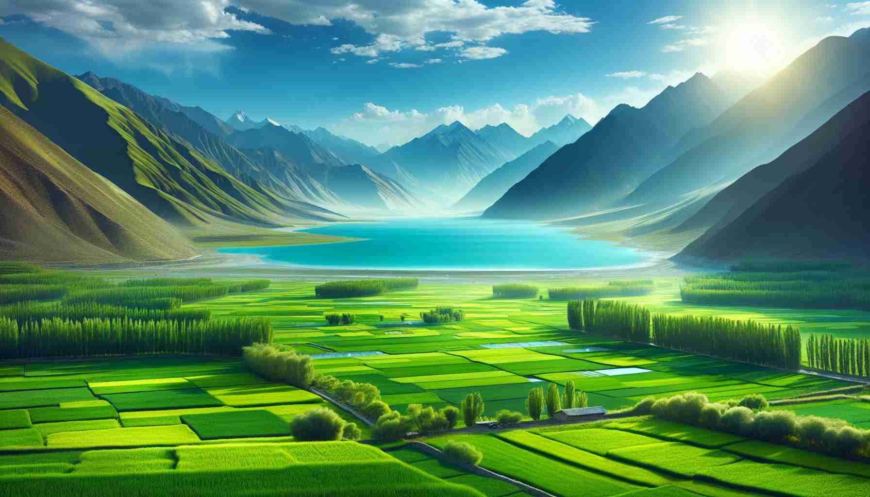 High-definition, realistic image capturing the essence of the Green Revolution in China, set against the stunning backdrop of Pangong Tso Lake. The scene can portray new-age, advanced agricultural practices and sustainable farming efforts incorporated by Chinese farmers, with lush, green fields in the foreground. The serene and tranquil Pangong Tso Lake, lined with majestic mountains, forms the enchanting backdrop. A vibrant, sunny day would truly capture the fervor of progress and optimism.