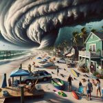 High-definition, realistic portrayal of a tropical storm approaching the coastline of Florida. Depict dark swarming clouds building over the ocean and casting ominously onto the sun-soaked beaches. Showcase residents preparing for the storm: a Caucasian woman boarding up her sea-green house, a Middle-Eastern man securing his boat at the marina, a Black child clutching a toy, looking at the storm with his Hispanic father. Include elements such as strong winds bending palm trees, surfboards and lawn chairs being stowed away, marketplaces gradually emptying, and seagulls fleeing inland.