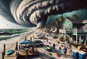 High-definition, realistic portrayal of a tropical storm approaching the coastline of Florida. Depict dark swarming clouds building over the ocean and casting ominously onto the sun-soaked beaches. Showcase residents preparing for the storm: a Caucasian woman boarding up her sea-green house, a Middle-Eastern man securing his boat at the marina, a Black child clutching a toy, looking at the storm with his Hispanic father. Include elements such as strong winds bending palm trees, surfboards and lawn chairs being stowed away, marketplaces gradually emptying, and seagulls fleeing inland.