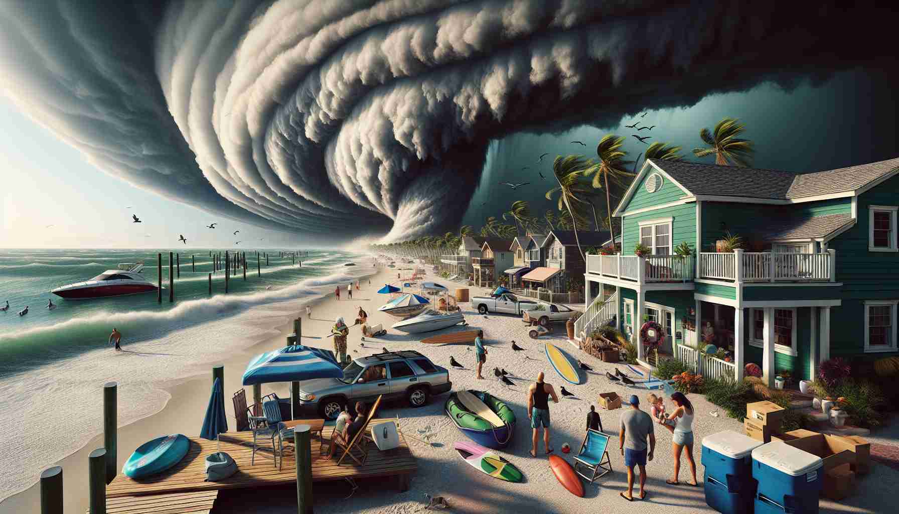 High-definition, realistic portrayal of a tropical storm approaching the coastline of Florida. Depict dark swarming clouds building over the ocean and casting ominously onto the sun-soaked beaches. Showcase residents preparing for the storm: a Caucasian woman boarding up her sea-green house, a Middle-Eastern man securing his boat at the marina, a Black child clutching a toy, looking at the storm with his Hispanic father. Include elements such as strong winds bending palm trees, surfboards and lawn chairs being stowed away, marketplaces gradually emptying, and seagulls fleeing inland.