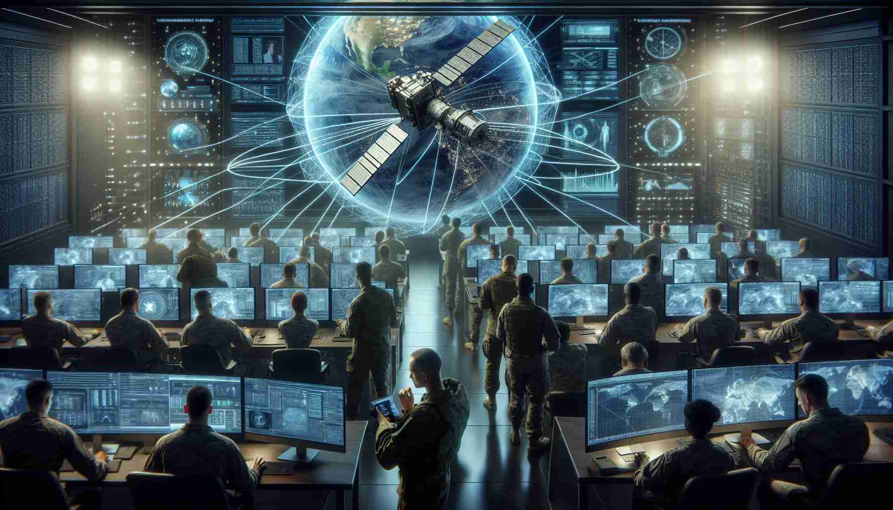 Create a crisp, high-definition image illustrating the concept of revolutionizing satellite communications for military operations. The scene should depict a cutting-edge command center, bustling with action. Soldiers of various descents such as Caucasian, Asian, Hispanic, and Black should be present, focusing intently on their screens that show complex, up-to-the-minute data. The gender of the soldiers should be a mix of females and males. Visualized on a large screen at the center of the room should be a modern, sophisticated satellite orbiting Earth, radiating lines denoting its far-reaching communications range.