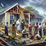 Depict a realistic HD scene of life after a storm. Highlight the essence of rebuilding amidst the ruin; perhaps include a group of diverse people of various genders and descents, such as a Caucasian man, a Hispanic woman, a Middle-Eastern older gentleman, and a black young adult, all cooperating to mend a damaged house. Surround them with evidence of the storm's might - uprooted trees, scattered debris, and possibly damaged power lines. Yet, infuse hopeful signs of recovery, such as a clear, bright sky and newly sprouting vegetation.