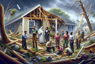 Depict a realistic HD scene of life after a storm. Highlight the essence of rebuilding amidst the ruin; perhaps include a group of diverse people of various genders and descents, such as a Caucasian man, a Hispanic woman, a Middle-Eastern older gentleman, and a black young adult, all cooperating to mend a damaged house. Surround them with evidence of the storm's might - uprooted trees, scattered debris, and possibly damaged power lines. Yet, infuse hopeful signs of recovery, such as a clear, bright sky and newly sprouting vegetation.