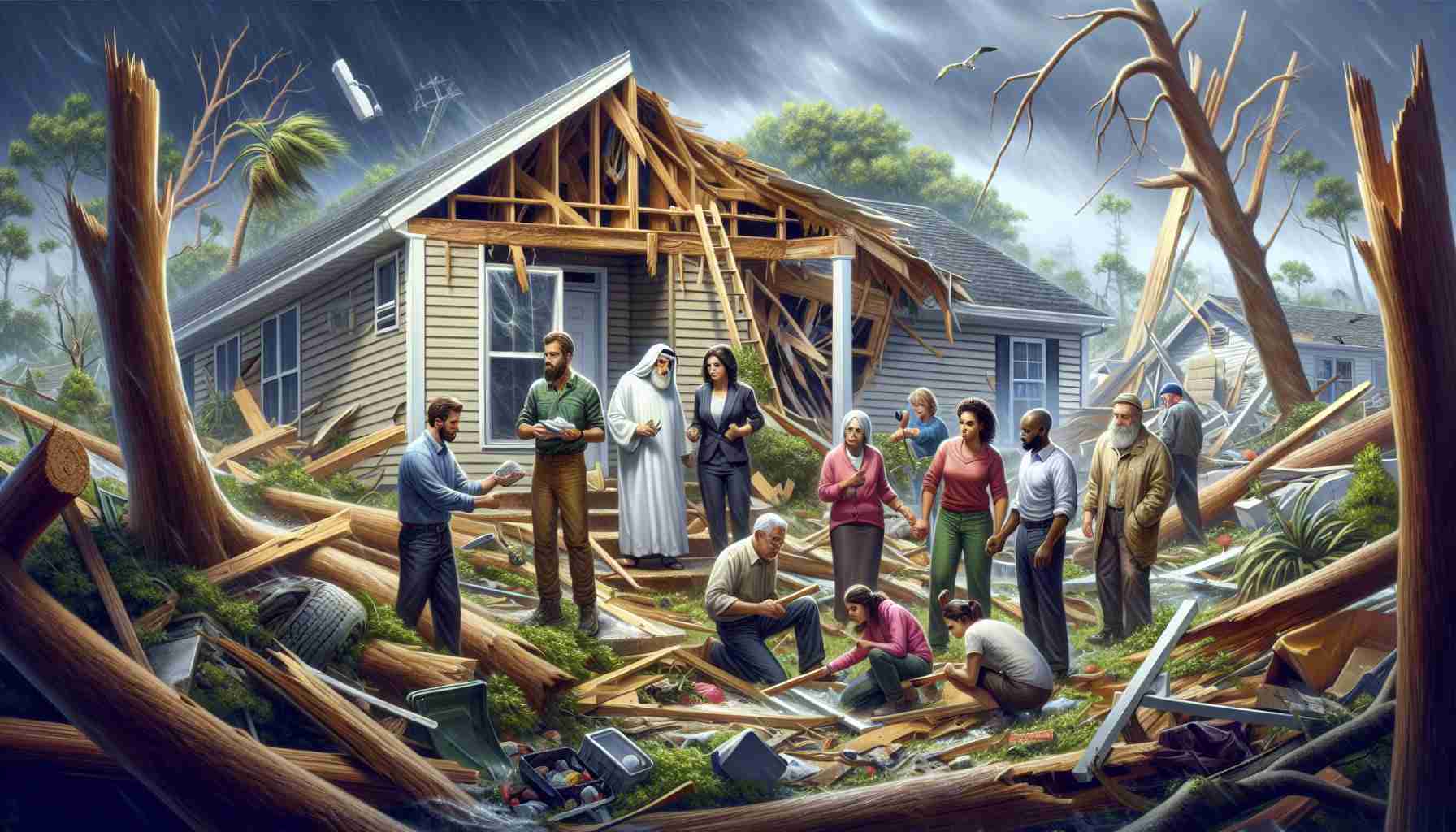 Depict a realistic HD scene of life after a storm. Highlight the essence of rebuilding amidst the ruin; perhaps include a group of diverse people of various genders and descents, such as a Caucasian man, a Hispanic woman, a Middle-Eastern older gentleman, and a black young adult, all cooperating to mend a damaged house. Surround them with evidence of the storm's might - uprooted trees, scattered debris, and possibly damaged power lines. Yet, infuse hopeful signs of recovery, such as a clear, bright sky and newly sprouting vegetation.