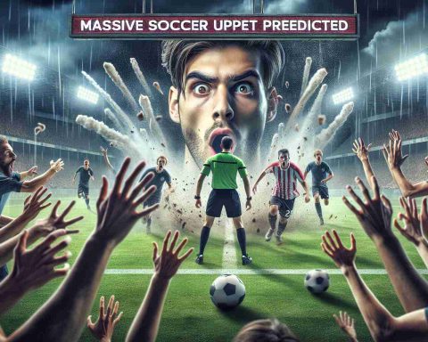 A high-definition, highly realistic image featuring a shocking revelation. The scene is a soccer field during a game with intense moments that hint at a massive soccer upset. There is suspense in the air, visible in expressions of the players, referees, and even the spectators. The scoreboard reflects the intensity of the game, showing the underdog team leading against the favorite. The news headline, visible somewhere in the image, reads 'Massive Soccer Upset Predicted', emphasising the unexpected turn of events.