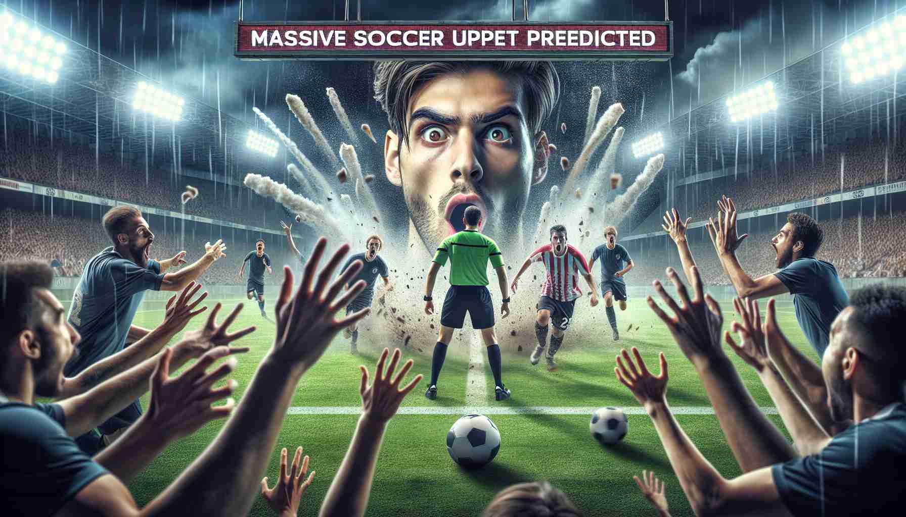 A high-definition, highly realistic image featuring a shocking revelation. The scene is a soccer field during a game with intense moments that hint at a massive soccer upset. There is suspense in the air, visible in expressions of the players, referees, and even the spectators. The scoreboard reflects the intensity of the game, showing the underdog team leading against the favorite. The news headline, visible somewhere in the image, reads 'Massive Soccer Upset Predicted', emphasising the unexpected turn of events.