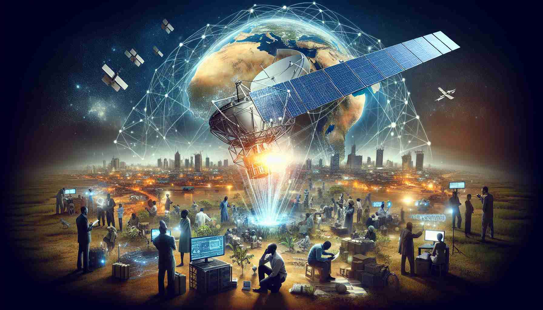 An HD image depicting the enhancement of connectivity in Africa through innovative satellite solutions. The scene should show a diverse array of people across Africa, working with various high-tech equipment. A large, ultra-modern satellite could be hovering in the sky, symbolizing the advance of technology. Diverse settings within Africa, like cityscapes and rural areas can be shown interconnected, clearly depicting the bridging of the digital divide.