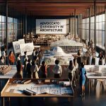 A high-definition, realistic image that represents the promotion of diversity in the field of architecture through education and advocacy. The scene includes a spacious, modern classroom with diverse architectural models on display, reflecting the architectural history of various global cultures. The room is filled with a mixed-gender group of students of varying descents like Caucasian, Black, Hispanic, Middle-Eastern, South Asian. They engage in lively discussion, pointing at blueprints and 3D models. Their mentor, an Asian woman, evaluates the designs. In the background, a banner saying 'Advocacy for Diversity in Architecture' is prominently displayed.