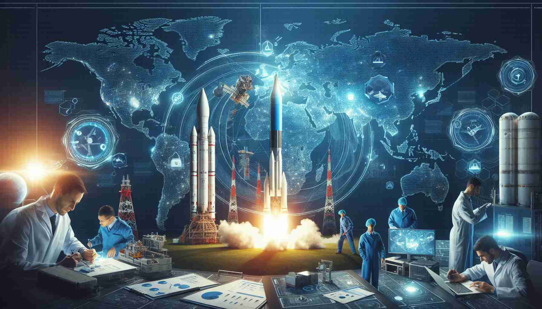 Create a realistic high-definition image representing a fictional space exploration company facing challenges in expanding satellite launches due to geopolitical issues. The image could include elements like the corporate logo, rocket launches, equipment, technicians working, and a world map with highlighted areas representing tension zones.