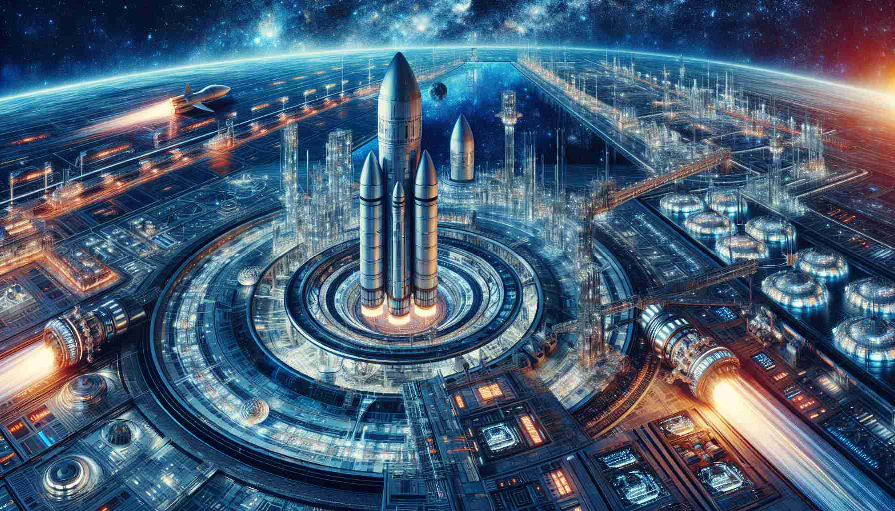 Depict a highly detailed image of a hypothetical space project, spearheaded by a large technological corporation hypothetically named 'River', with state of the art, innovative designs in line with modern scientific theories. Picture advanced rocket designs, futuristic space facilities, and cutting-edge technology that will help us understand more about the cosmos.