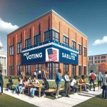 Illustrate a realistic scene in high definition of a new voting satellite office opening at a university campus. Depict the building with outdoor banners promoting messages about democratic processes and active participation. Surrounding the office, include students from diverse descent, e.g., Caucasian, Black, Middle-Eastern, Asian, and Hispanic, all engrossed in conversations and debates. The setting is during the day, under a clear blue sky.