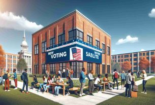 Illustrate a realistic scene in high definition of a new voting satellite office opening at a university campus. Depict the building with outdoor banners promoting messages about democratic processes and active participation. Surrounding the office, include students from diverse descent, e.g., Caucasian, Black, Middle-Eastern, Asian, and Hispanic, all engrossed in conversations and debates. The setting is during the day, under a clear blue sky.