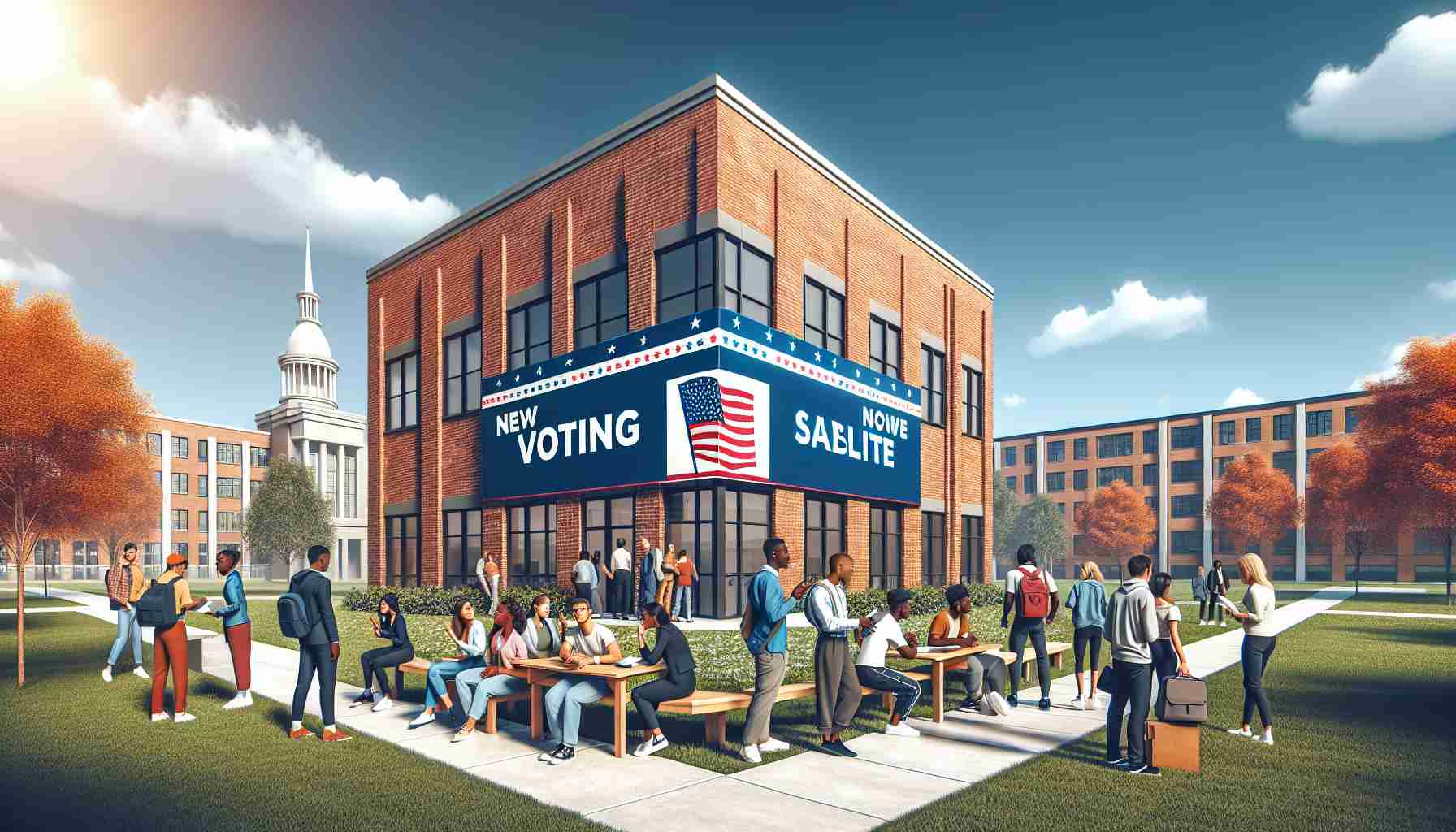 Illustrate a realistic scene in high definition of a new voting satellite office opening at a university campus. Depict the building with outdoor banners promoting messages about democratic processes and active participation. Surrounding the office, include students from diverse descent, e.g., Caucasian, Black, Middle-Eastern, Asian, and Hispanic, all engrossed in conversations and debates. The setting is during the day, under a clear blue sky.