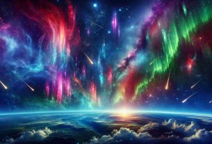 Depict a high-definition, hyperrealistic scene that showcases the extraordinary beauty of celestial light phenomena. Include vibrant dancing auroras in a variety of hues, a sky full of twinkling stars, and prominent figures of constellations. Also feature a meteor shower streaking across the sky sporadically, adding to the awe-inspiring spectacle. The scene should emphasize the vastness of the universe and the majesty of natural celestial spectacles witnessed from earth.