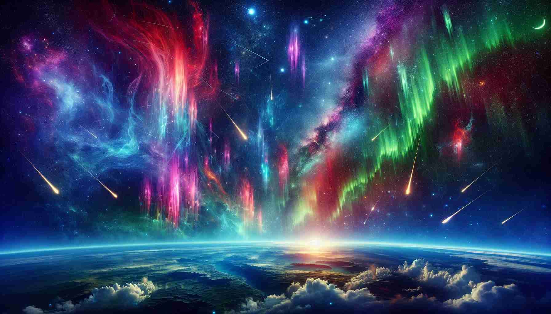 Depict a high-definition, hyperrealistic scene that showcases the extraordinary beauty of celestial light phenomena. Include vibrant dancing auroras in a variety of hues, a sky full of twinkling stars, and prominent figures of constellations. Also feature a meteor shower streaking across the sky sporadically, adding to the awe-inspiring spectacle. The scene should emphasize the vastness of the universe and the majesty of natural celestial spectacles witnessed from earth.