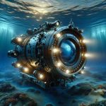 A highly detailed and realistic image of an advanced underwater camera technology. It is designed for deep-sea exploration, and has ventured into uncharted, oceanic territories. Lights on the camera pierce the murkiness of the water, illuminating marine life, some curious about the intruding technology, and the diversified landscape of the underwater world. The surface water, a mixture of sunlight filtering through it and varying shades of blue, forms a stark contrast to the depths being explored by this adventurous piece of technology.