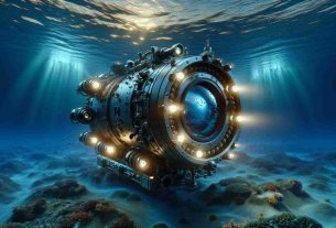 A highly detailed and realistic image of an advanced underwater camera technology. It is designed for deep-sea exploration, and has ventured into uncharted, oceanic territories. Lights on the camera pierce the murkiness of the water, illuminating marine life, some curious about the intruding technology, and the diversified landscape of the underwater world. The surface water, a mixture of sunlight filtering through it and varying shades of blue, forms a stark contrast to the depths being explored by this adventurous piece of technology.