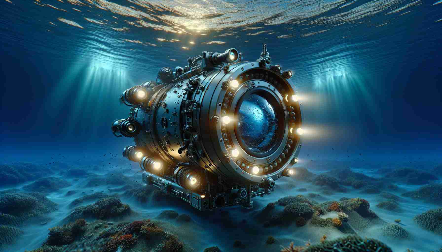 A highly detailed and realistic image of an advanced underwater camera technology. It is designed for deep-sea exploration, and has ventured into uncharted, oceanic territories. Lights on the camera pierce the murkiness of the water, illuminating marine life, some curious about the intruding technology, and the diversified landscape of the underwater world. The surface water, a mixture of sunlight filtering through it and varying shades of blue, forms a stark contrast to the depths being explored by this adventurous piece of technology.