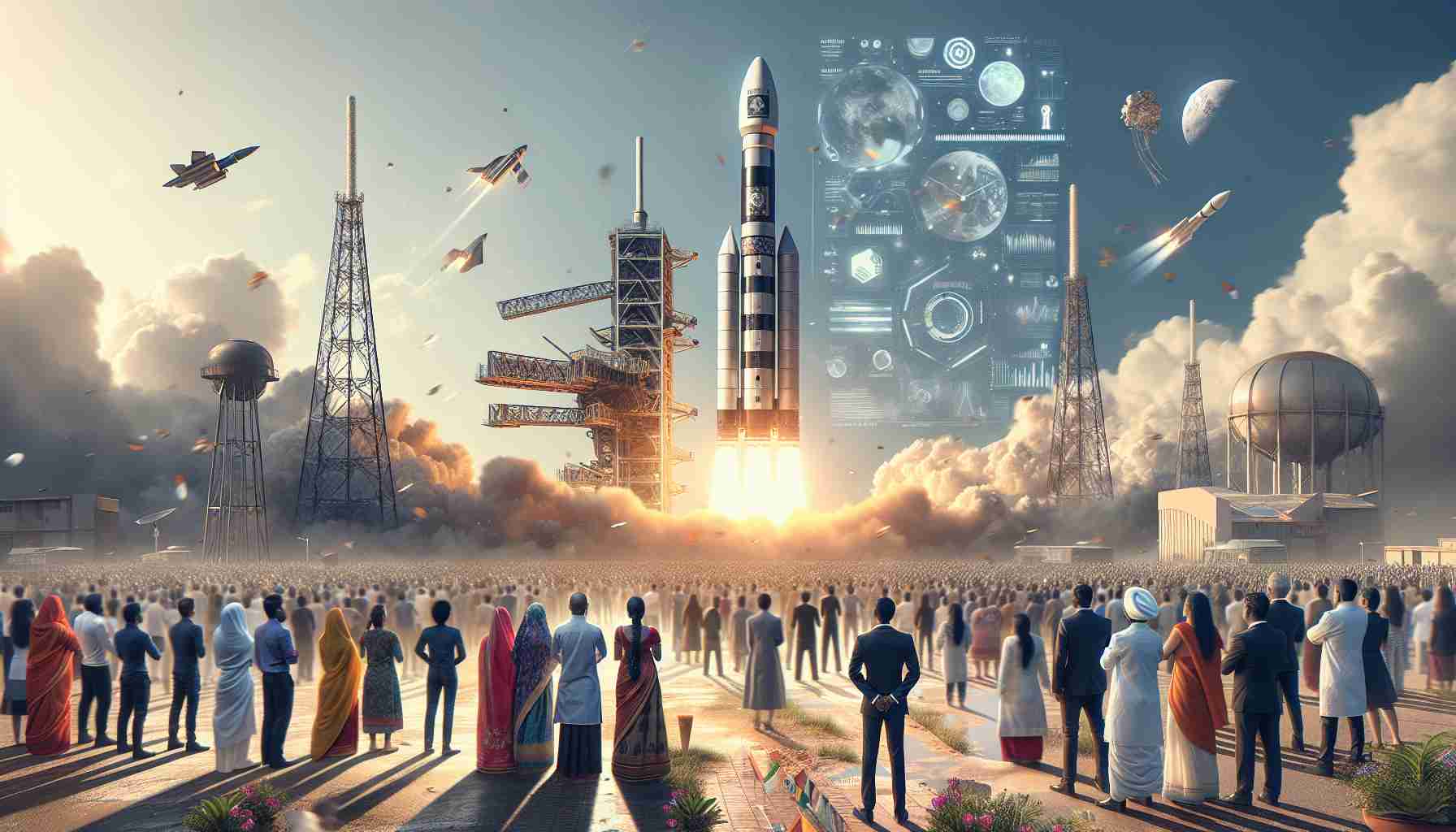 Generate a hyper-realistic, high-definition image showcasing the innovation within India's space industry. The image should depict a dynamic scene with a powerful rocket soaring into the sky, leaving a trail of smoke behind, against a clear blue sky. Visible on the ground level is a diverse group of scientists and engineers – including men and women of different ages, and of South Asian, Caucasian, Black, Middle-Eastern, and Hispanic descents – watching in awe, celebration, and anticipation. Abstract concepts like storied knowledge, cutting-edge technology, and futuristic aspirations should be subtly integrated into the visuals.