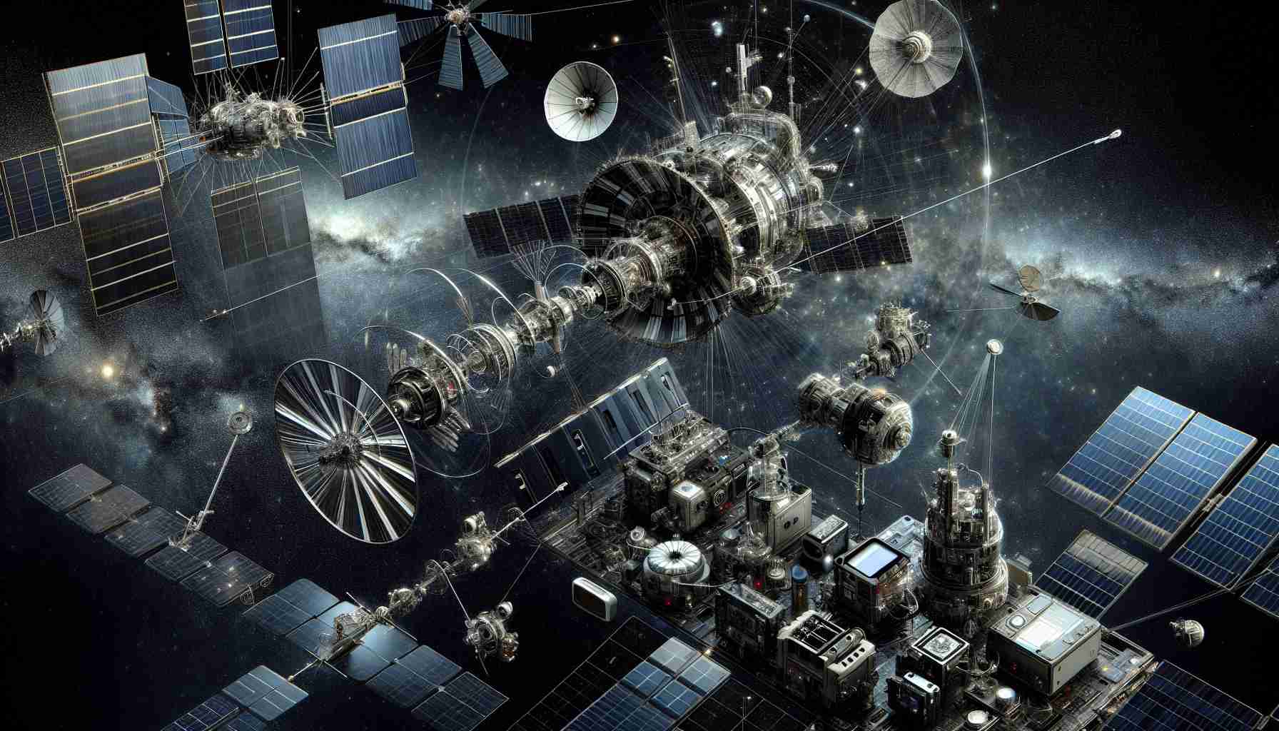 A detailed and realistic depiction of the advancements in space communication technology, shown in high definition. The image showcases various sophisticated devices, such as antennas, satellites, and receivers, all intricately designed and cutting-edge in appearance. A dynamic interaction between these devices indicates how the technology has evolved and improved over time, serving as a testament to human ingenuity. The backdrop is the inky blackness of space, providing a stunning contrast that emphasises the technology's importance in exploring and understanding the vast, uncharted expanses of the cosmos.