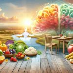 Create an HD image representing the positive effects of mindful eating on overall wellness. The landscape could contain elements such as a calm and serene dining area with wholesome, colorful fruits and vegetables, symbolizing the practice of mindful eating. In the background, you can place a semi-abstract representation of 'wellness' such as a glowing sun or a blooming tree. The essence of peacefulness should be radiated throughout the scene to communicate the connection between nutrition and wellness.